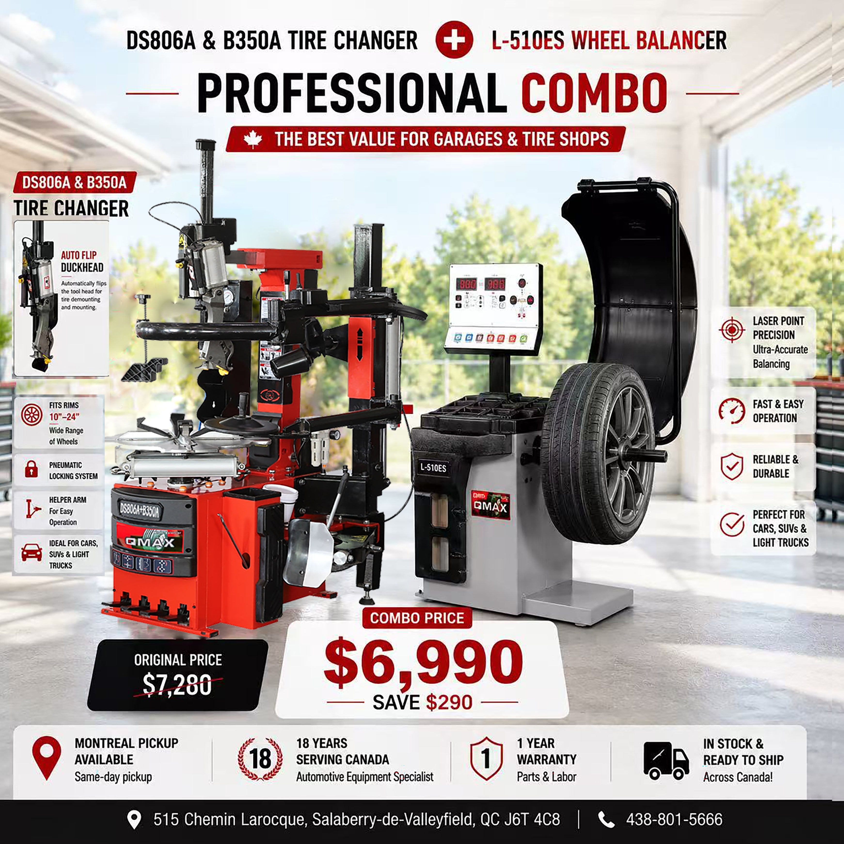 DS-806A Tire Changer with B350A Mechanical Helper Arm | 10"–24" Rim Capacity / Démonte-pneus DS-806A avec bras d’assistance mécanique B350A | capacité de jantes 10 à 24 po