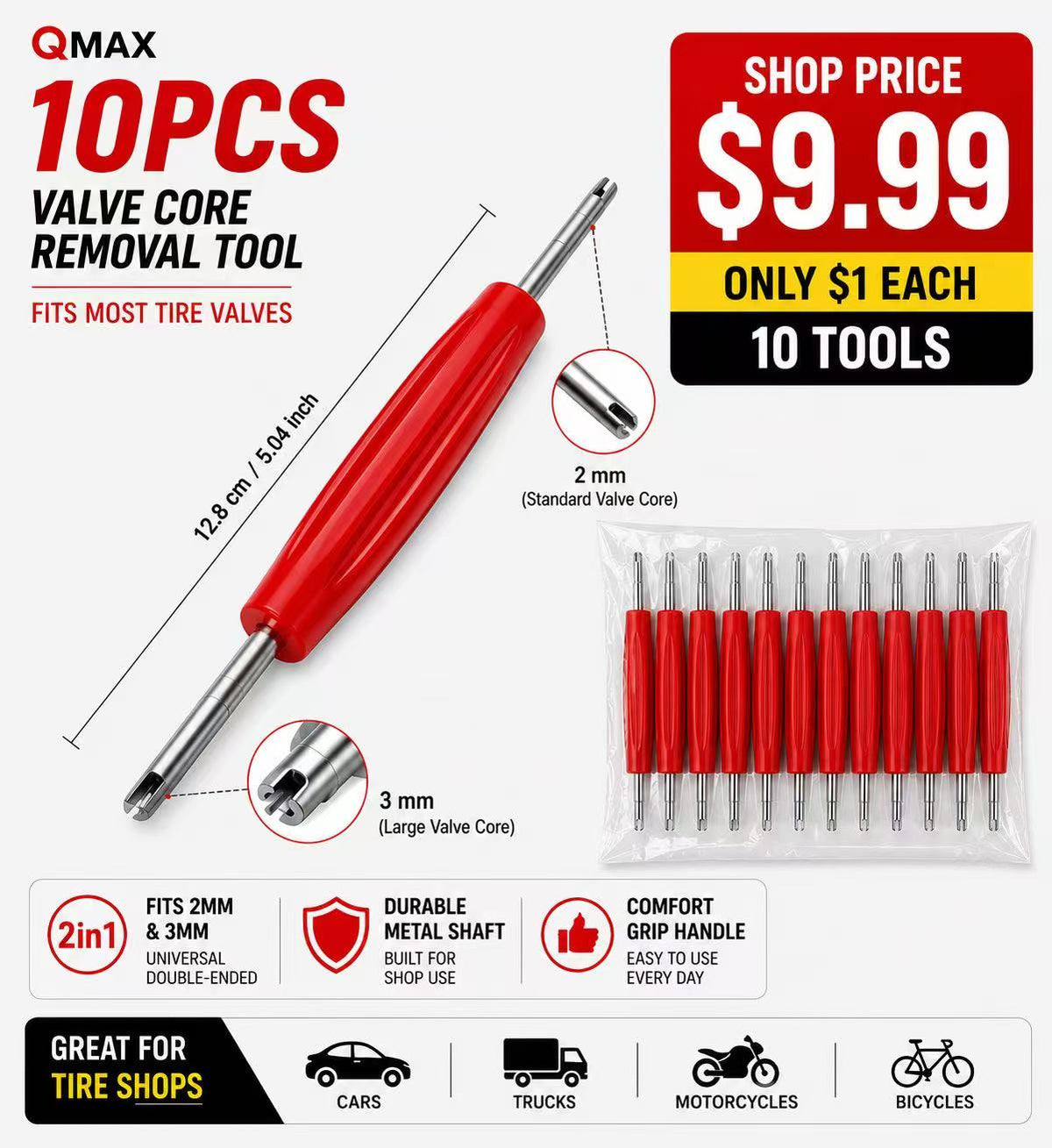 Double-Ended Tire Valve Core Remover & Installer Tool / Démonte-obus de valve double 2 mm et 3 mm